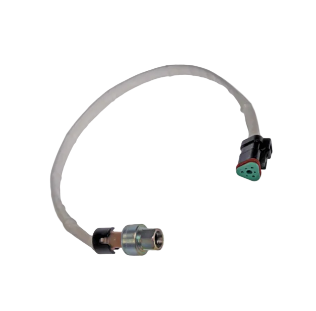 Advance Truck Parts 1946724 air inlet manifold pressure sensor for C12 Cat engines showing an angled profile of the threaded sensor base, white protective wiring sleeve, and 3-pin DT connector on a plain white background
