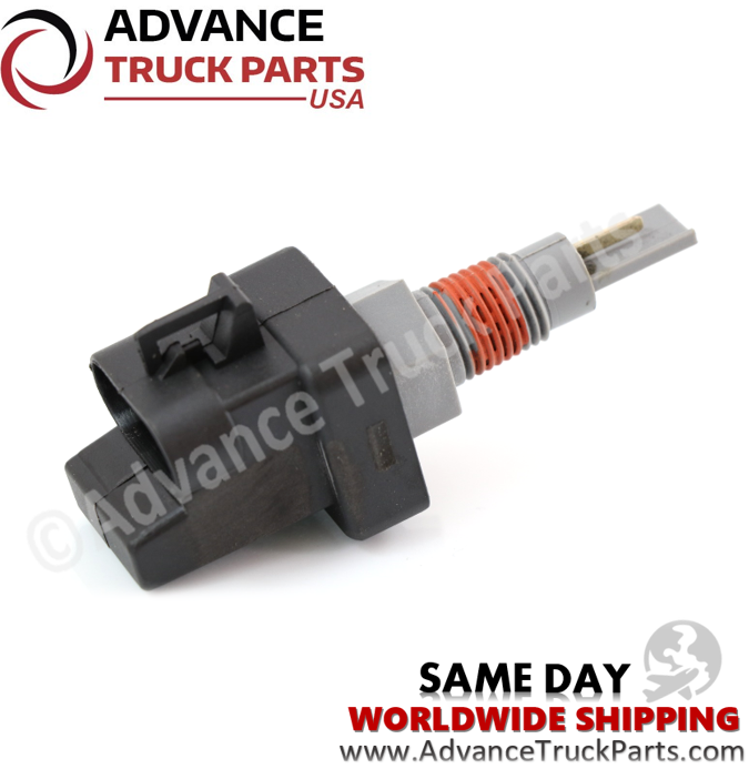 Advance Truck Parts USA 21363373 Mack and Volvo coolant level sensor featuring a black and grey plastic body, threaded port with red sealant, and a pin connector on a plain background