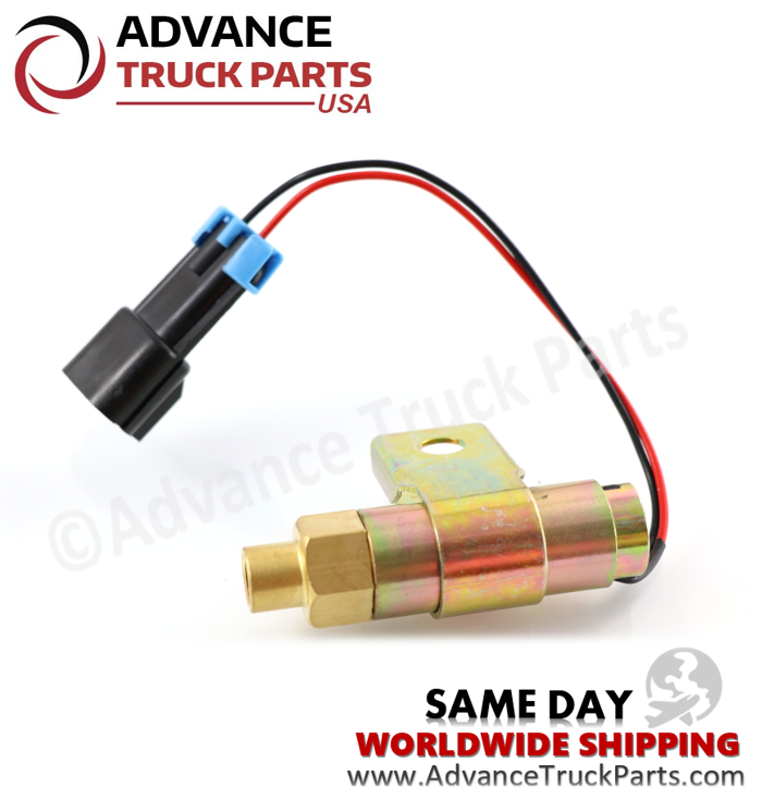 Advance Truck Parts USA 25154436 fan clutch solenoid valve for Mack featuring a brass body, mounting bracket, wired harness, and connector on a plain background