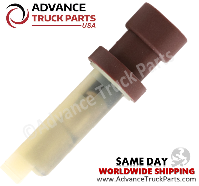 Advance Truck Parts USA 2587324C1 antifreeze level sensor switch for International Navistar showing an angled profile of the translucent plastic probe body and brown electrical connector housing on a branded studio background