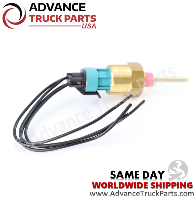 Advance Truck Parts USA coolant level sensor for Cummins engines featuring a brass body, teal connector plug, and attached W094102 pigtail harness