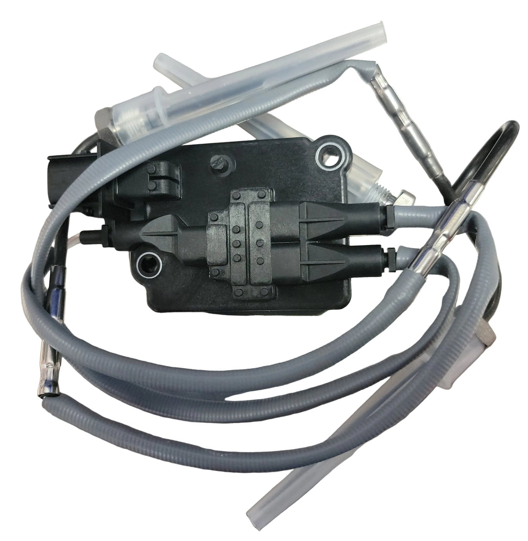 Advance Truck Parts USA 4307101 replacement temperature sensor for Cummins engines showing a top-down view of the black central electronic control module, integrated grey wiring harnesses, and metal sensing probes equipped with clear protective plastic sleeves