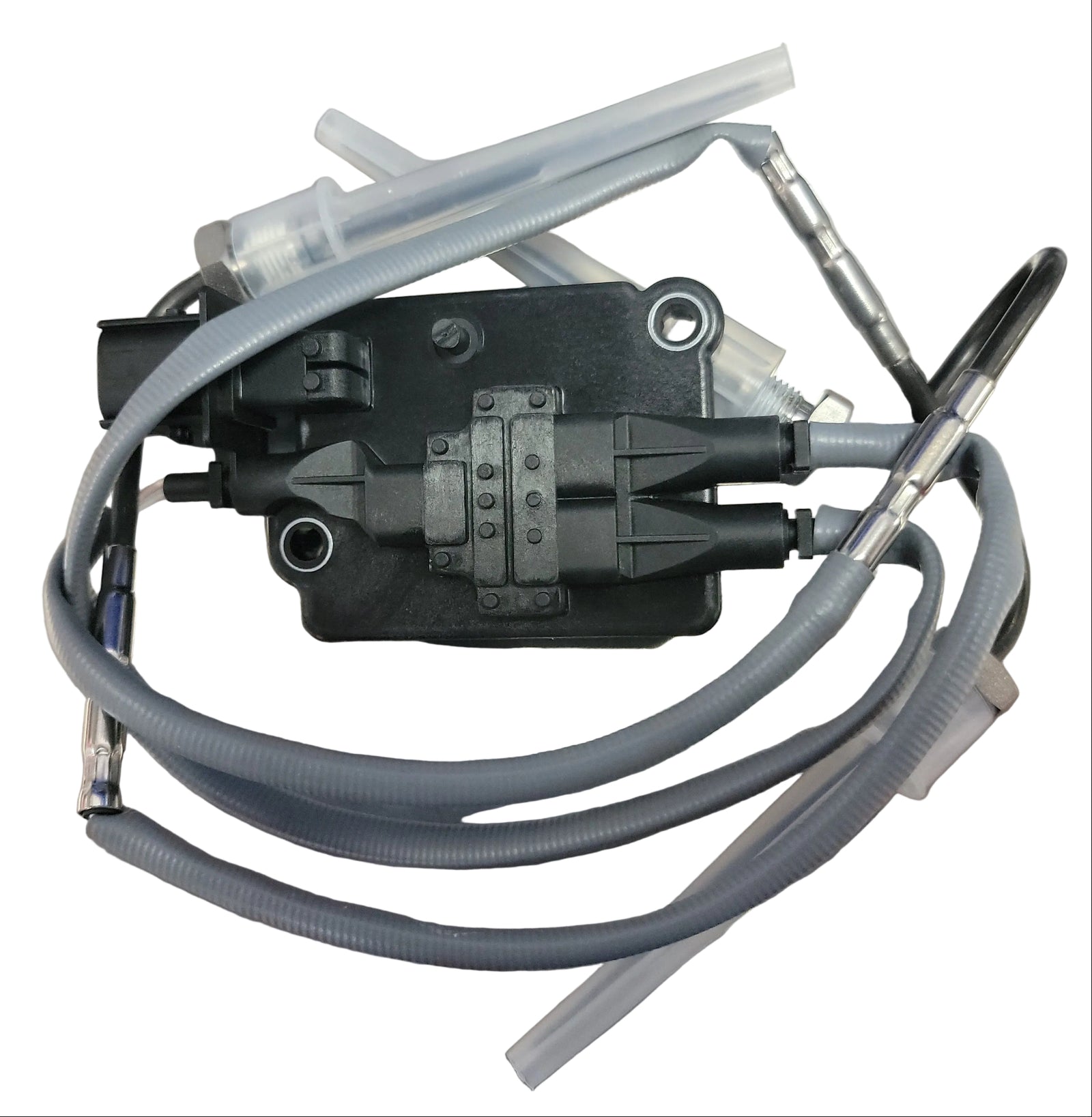 Advance Truck Parts USA 4307101 replacement temperature sensor for Cummins engines showing a top-down view of the black central electronic control module, integrated grey wiring harnesses, and metal sensing probes equipped with clear protective plastic sleeves