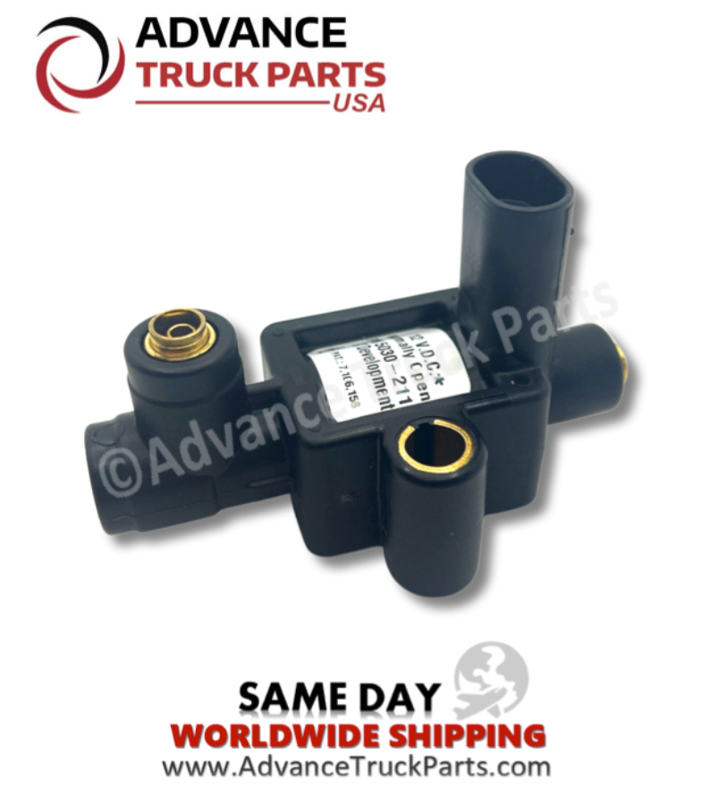 Advance Truck Parts USA 5030-211 12V DC 3-way normally open solenoid valve showing a side profile of the black plastic housing, printed specification label, brass 1/4 quick connect fitting, and vertical electrical connector on a plain white background