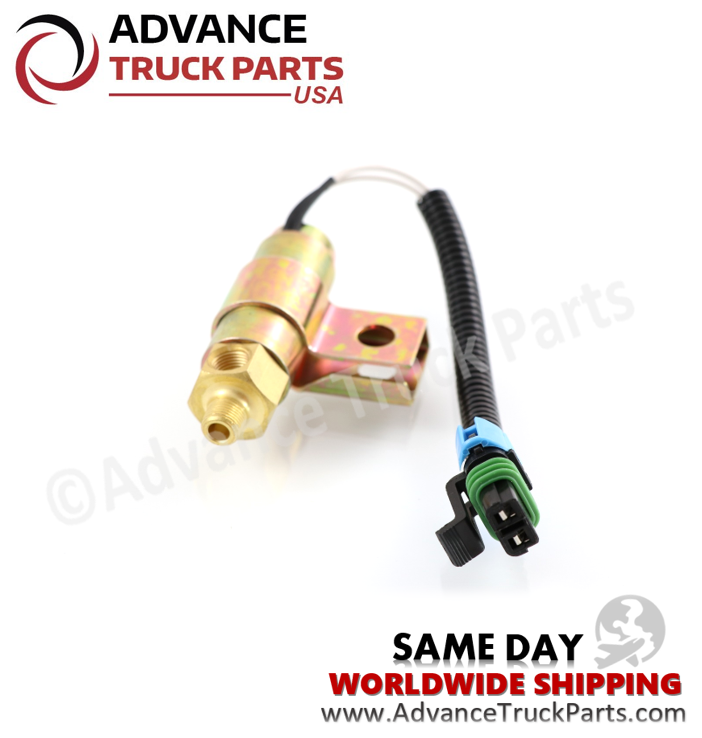 Advance Truck Parts USA 77-201 A0626631000 Detroit 60 Series fan clutch solenoid valve featuring a brass body, mounting bracket, and 2-pin connector harness on a branded studio background