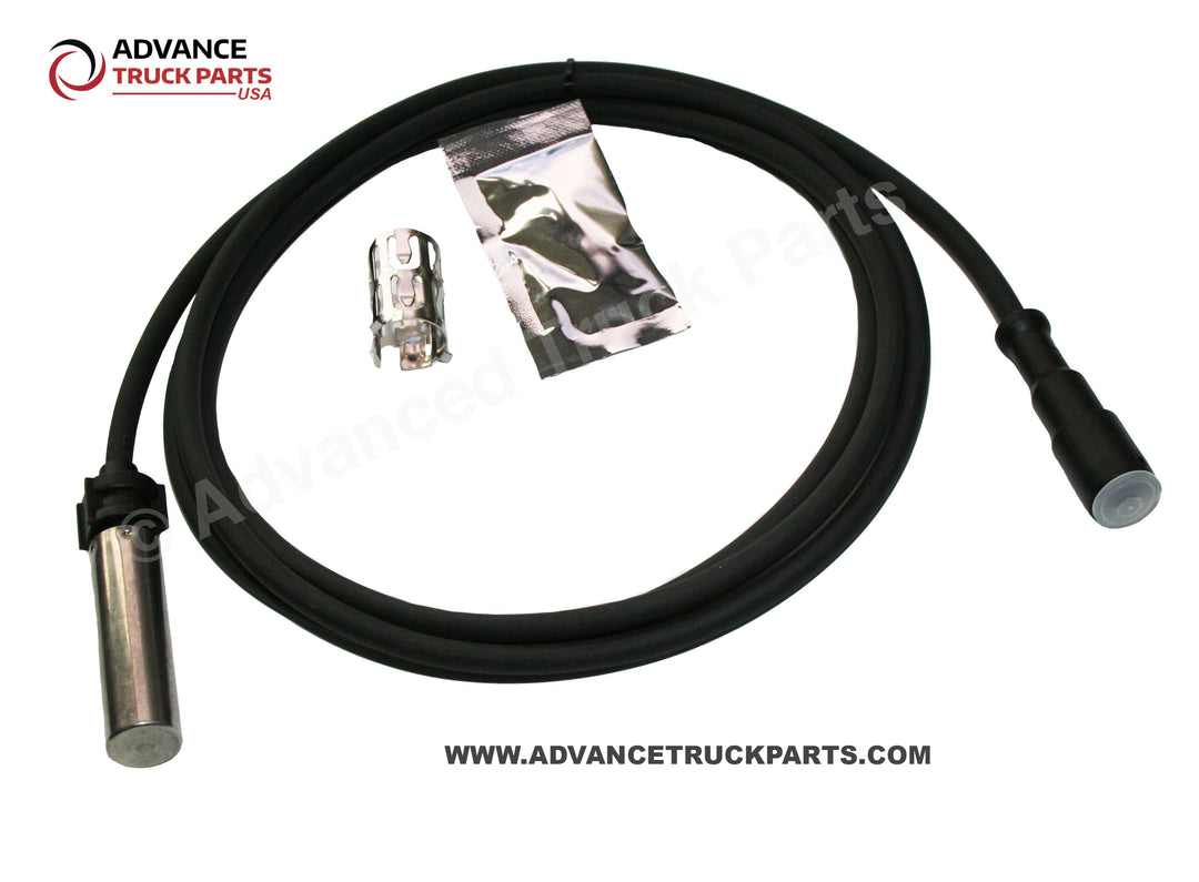 Advance Truck Parts USA branded studio view showing the complete straight ABS wheel speed sensor kit with website footer