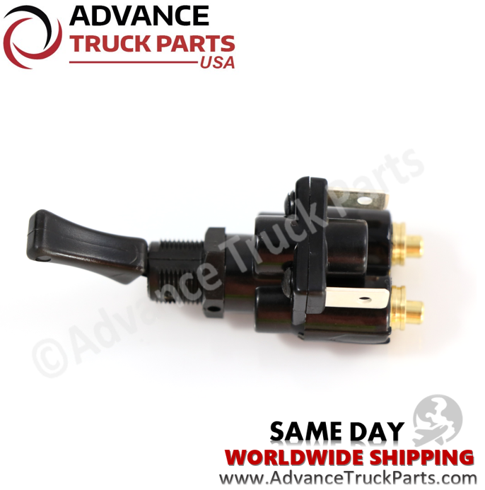 Advance Truck Parts USA branded studio view of the air electric toggle valve focused on the blade terminal connections