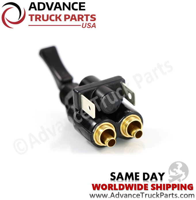 Advance Truck Parts USA branded studio rear view of the air electric toggle valve highlighting the 1/4-inch nylon tubing push-connect ports