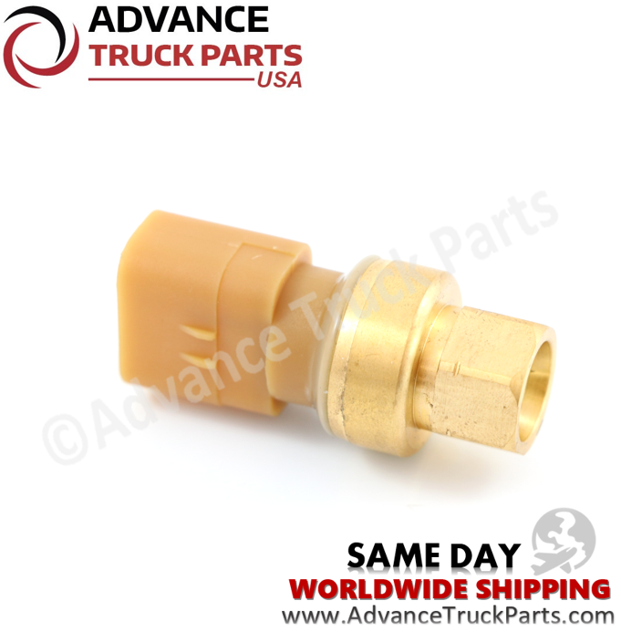 Advance Truck Parts USA branded studio horizontal profile view of the  Caterpillar pressure sensor showing the threaded port and connector