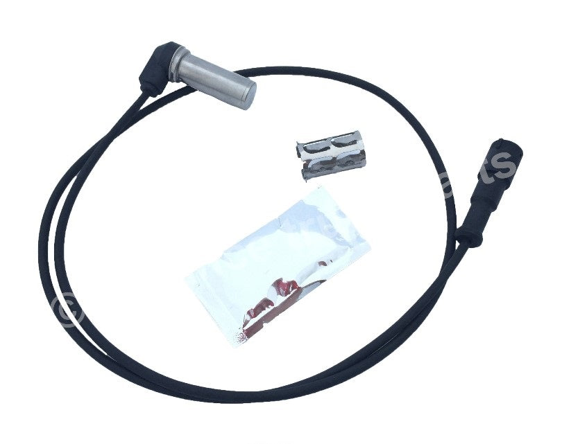 Advance Truck Parts USA right angle ABS sensor complete kit featuring the sensor harness, mounting clip, and dielectric grease packet on a plain background