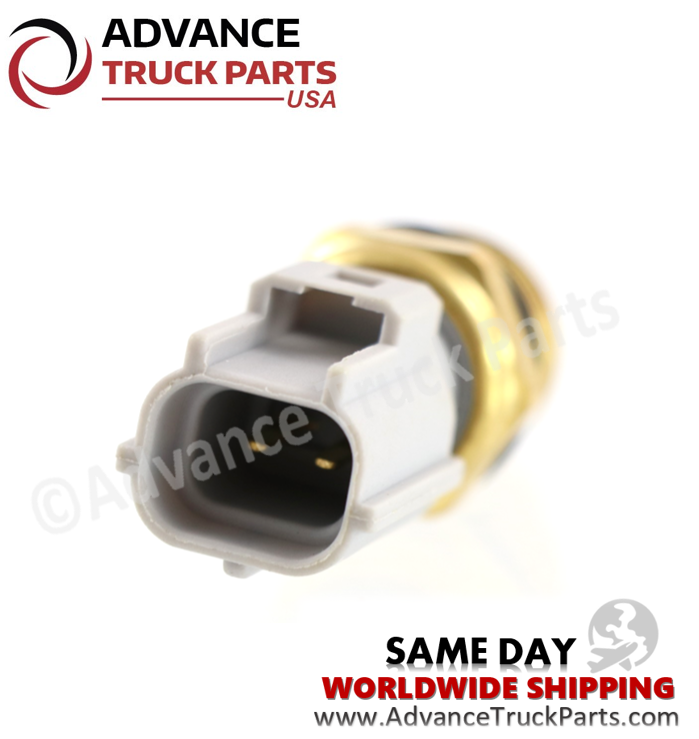 Advance Truck Parts USA branded studio close-up view displaying the 2-prong electrical terminal pins inside the connector housing of the temperature sensor