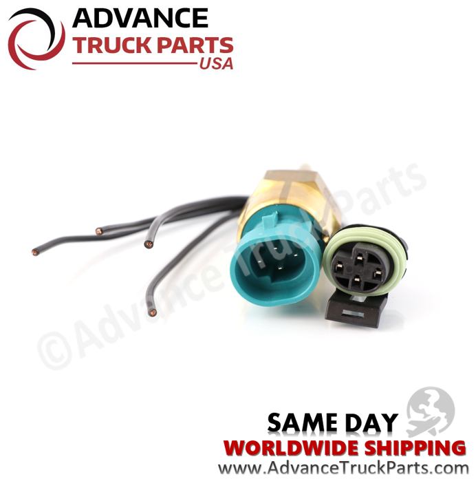 Advance Truck Parts USA branded studio view displaying the Cummins coolant level sensor alongside its matching pigtail connector harness