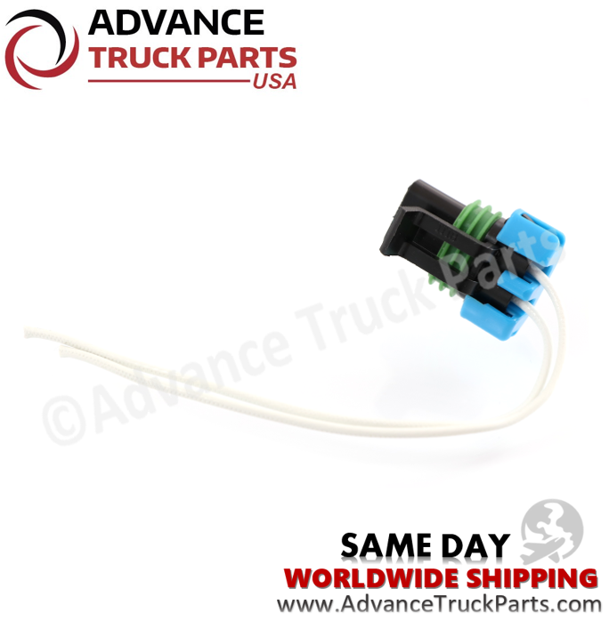 Advance Truck Parts USA studio view showing the replacement pigtail connector harness with white wire leads and a green weather seal