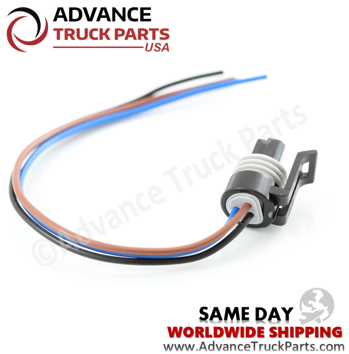 Advance Truck Parts USA studio rear-side view displaying the wire entry points and sealing grommet of the 3-pin pigtail connector