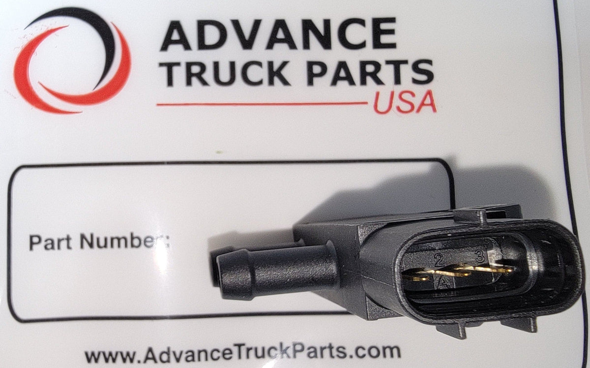 Differential pressure sensor for Cummins displaying a top studio perspective against an Advance Truck Parts packaging background