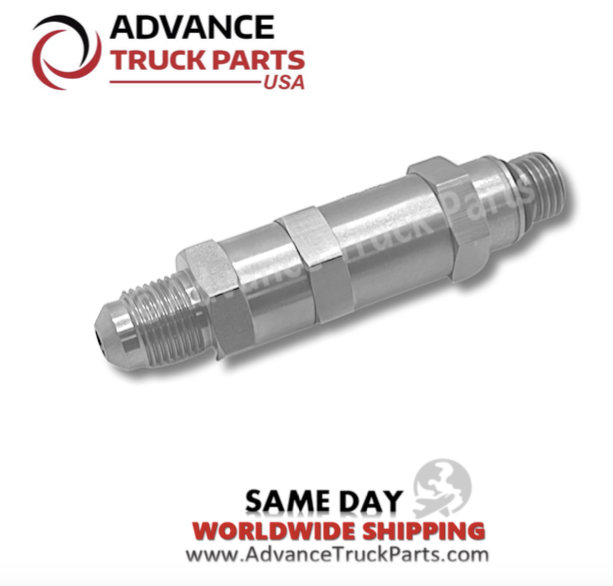 Advance Truck Parts USA DDE 23535129 ATP fuel check valve for Detroit Diesel engines featuring threaded ends and metallic hex body on a plain background