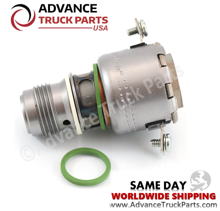 Advance Truck Parts USA branded studio view of the Detroit Diesel Series 60 12V dual lead Jake Brake solenoid valve with green O-ring gasket