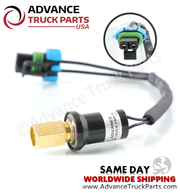 Advance Truck Parts K301-383 high pressure A/C switch showing an angled studio view of the female M10-1.25 brass fitting, black housing, wiring harness, and 2-pin connector with inset detail on a branded background