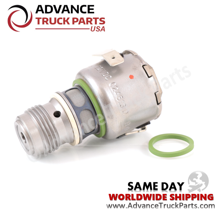 Advance Truck Parts L10 Cummins Jake Brake 12V single-lead solenoid valve and replacement O-ring on a branded background