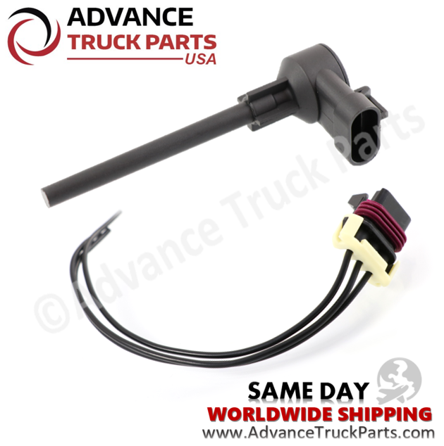 Advance Truck Parts USA N9267001 coolant level sensor kit for Paccar, Kenworth, and Peterbilt featuring an L-shaped sensor probe and matching 3-pin pigtail harness on a branded studio background