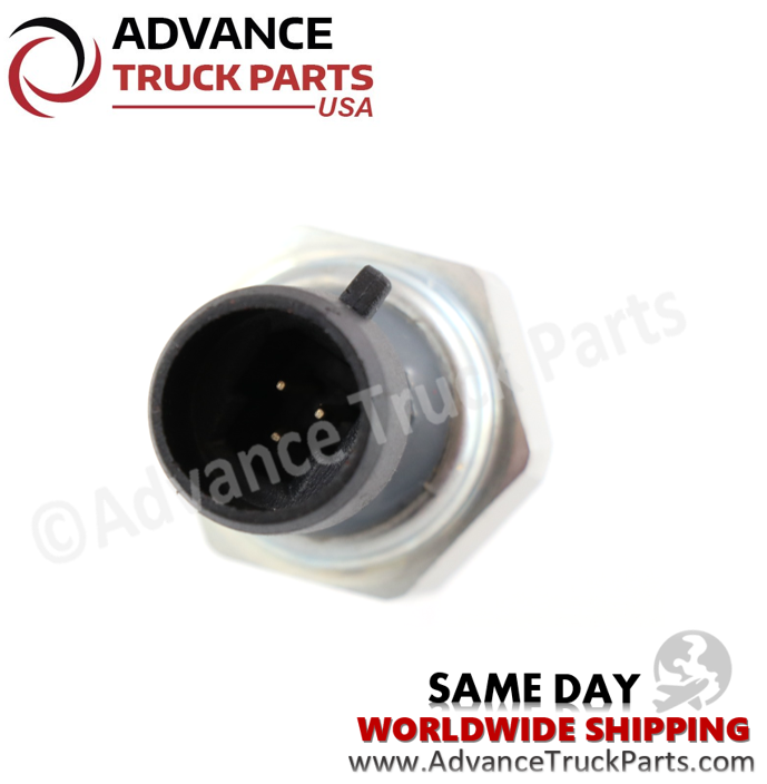 Advance Truck Parts USA branded studio close-up view highlighting the 3-pin electrical connector housing of the oil pressure sensor