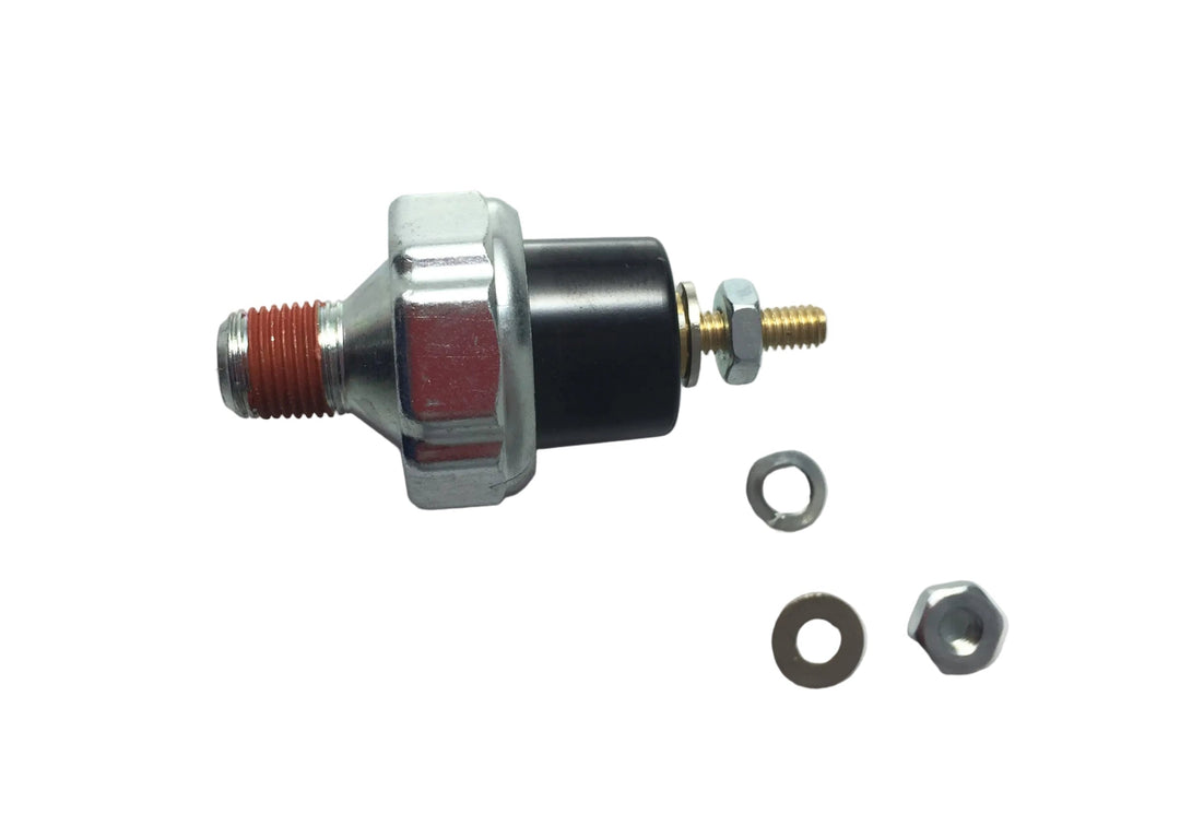 Side profile view of the ATP normally closed oil pressure switch with red sealant on the NPT threads