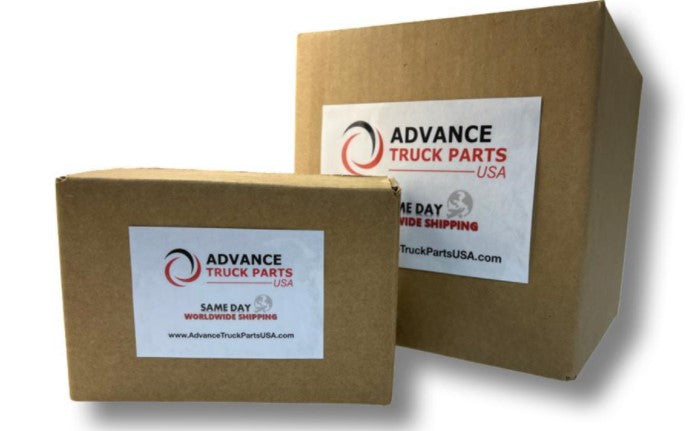 Advance Truck Parts USA branded shipping and packaging boxes featuring the company logo and same-day worldwide shipping labels