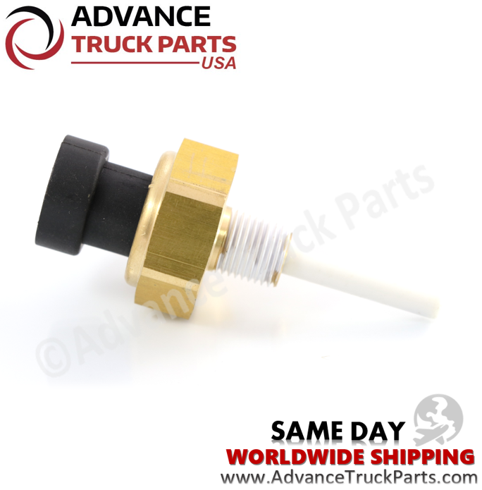 Advance Truck Parts USA S291203 low coolant level sensor for Paccar, Kenworth, and Peterbilt featuring a brass body, threaded end with sealant, and sensor probe on a branded studio background