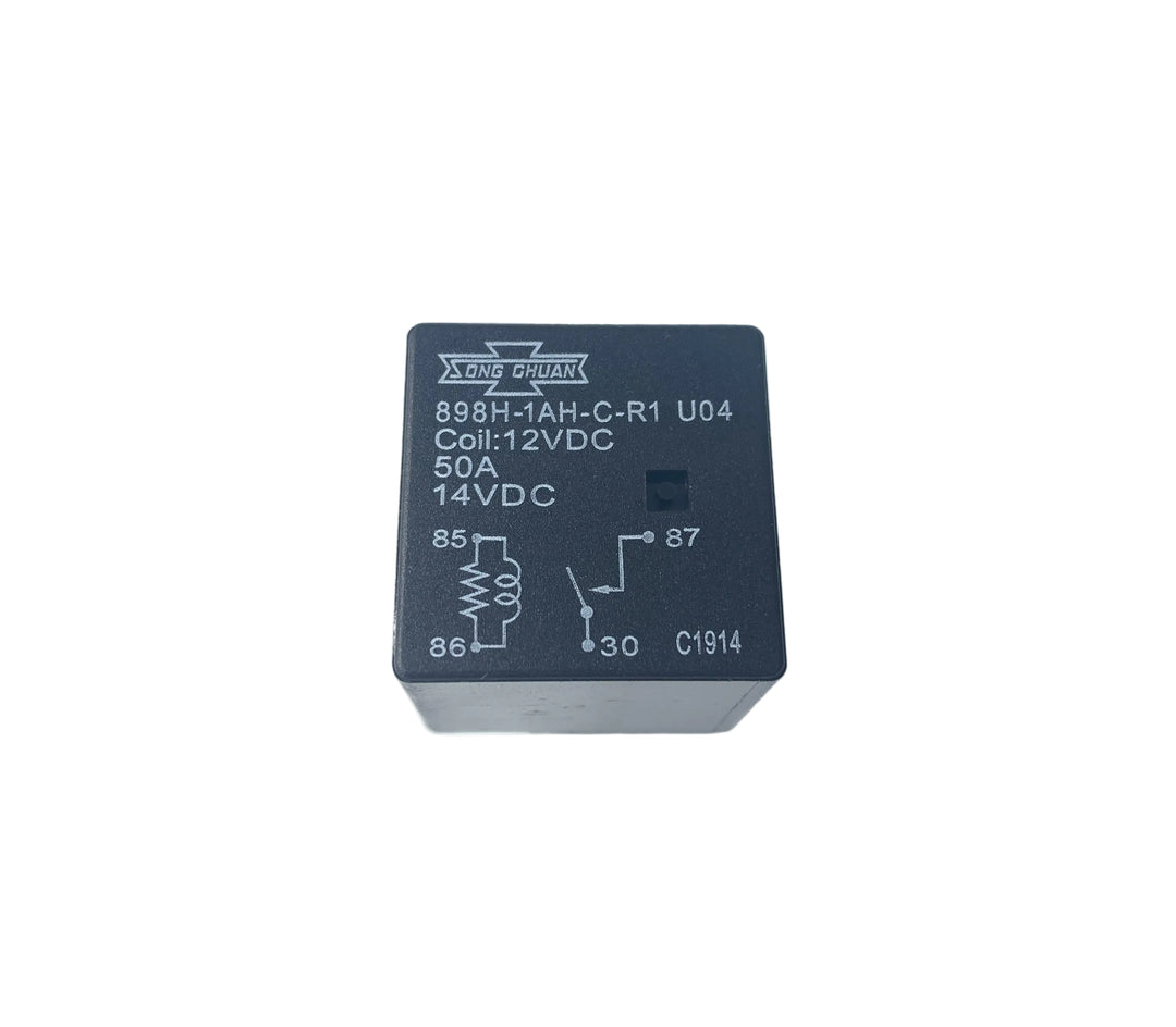 Advance Truck Parts USA Song Chuan 898H-1AH-C-R1-U04-12VDC relay showing the top diagram layout, coil specifications, and pin designations on a plain background