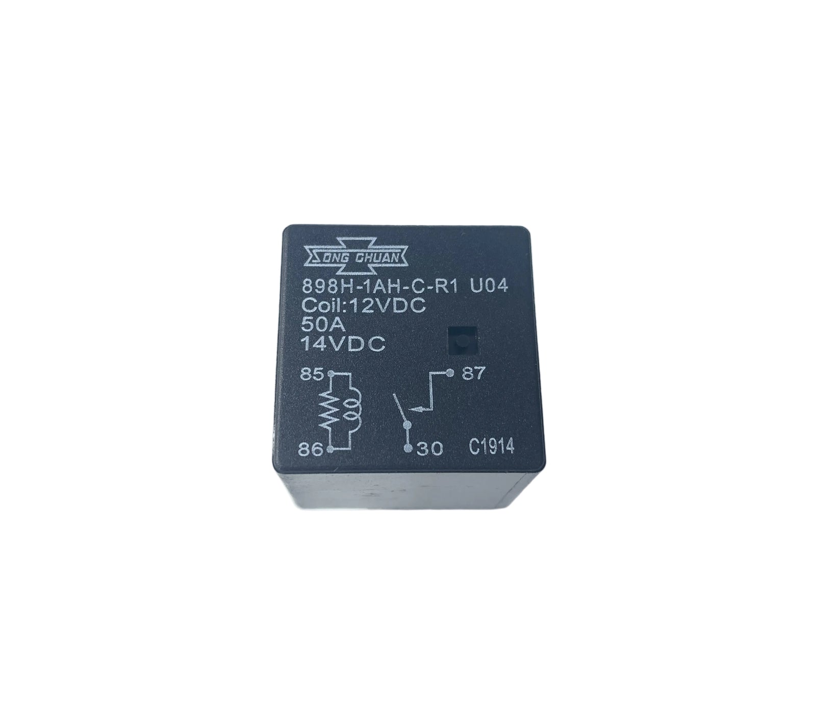 Advance Truck Parts USA Song Chuan 898H-1AH-C-R1-U04-12VDC relay showing the top diagram layout, coil specifications, and pin designations on a plain background