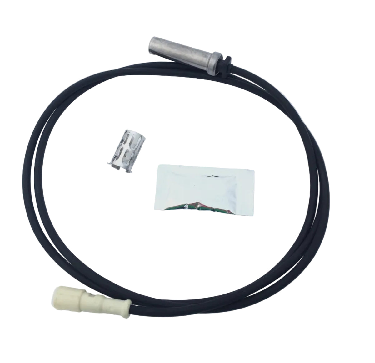 Advance Truck Parts USA Sprinter 2500 Freightliner ABS anti-lock brake speed sensor kit featuring thick wire harness, metal barrel probe, dielectric grease packet, and mounting clip