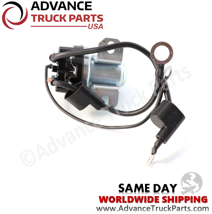 Advance Truck Parts USA branded studio top-down view highlighting the integrated lead wires and ring terminals of the starter solenoid relay