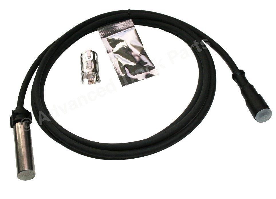 Advance Truck Parts USA straight ABS sensor kit with 79-inch cable, dielectric grease packet, and mounting clip on a plain background