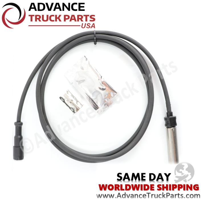 Advance Truck Parts USA straight ABS sensor kit with a 79-inch cable, dielectric grease packet, and mounting clip on a branded studio background