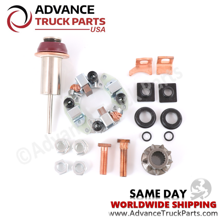 Advance Truck Parts USA branded studio top-down perspective showcasing the complete 1.4kW starter repair kit components including the 95.5mm plunger, pinion gear, brush holder assembly, copper contacts, mounting hardware, and seals 
