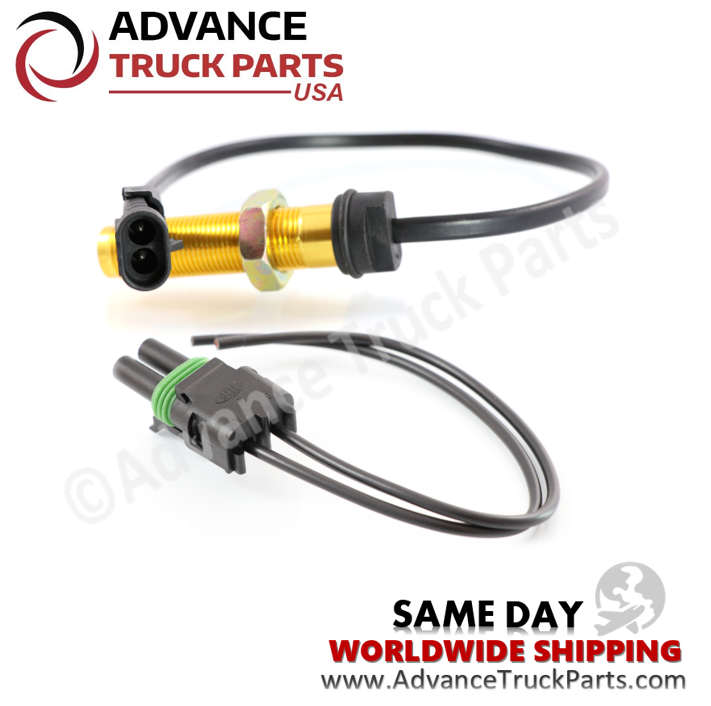 Advance Truck Parts USA universal speed sensor kit showing the threaded brass sensor with wiring harness and the matching pigtail connector