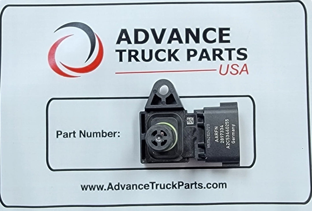 Advance Truck Parts USA 2897334 genuine Cummins air pressure and temperature sensor on a branded display card