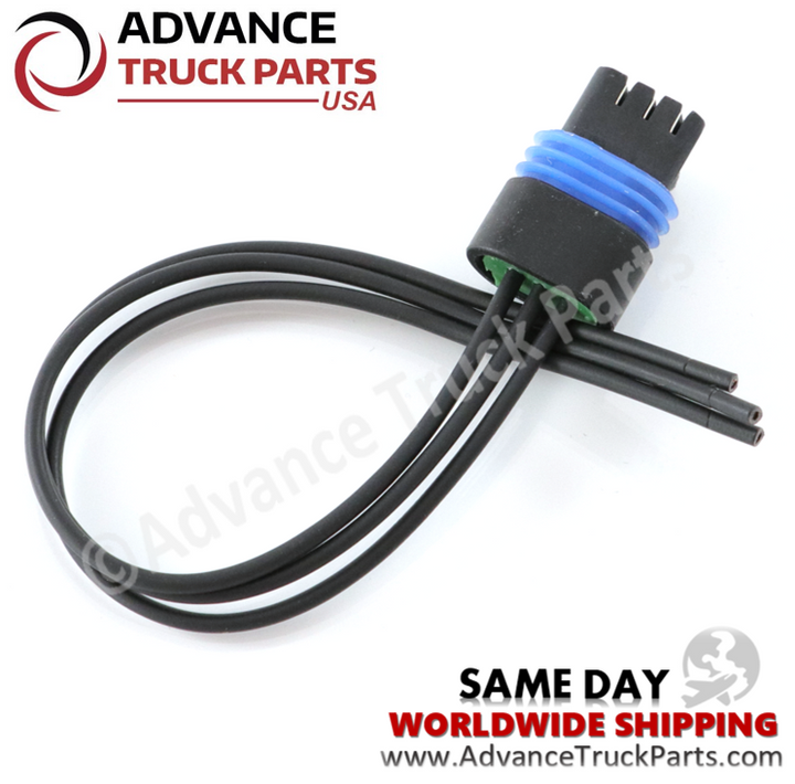Advance Truck Parts USA 3-pin pigtail connector displaying an angled studio view of the housing and coiled wiring harness on a branded background