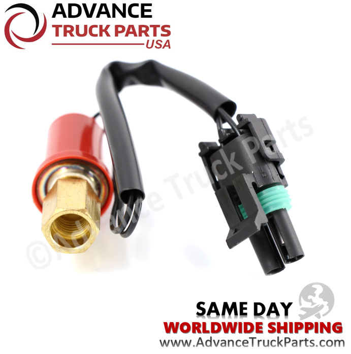 Advance Truck Parts USA branded studio close-up view highlighting the threaded brass port and red boot of the 3521729C1 A/C switch