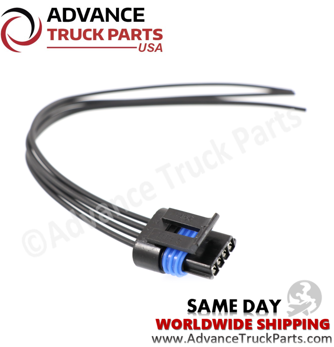 Advance Truck Parts USA 4-pin pigtail connector displaying an angled studio view of the connector face and locking clip on a branded background