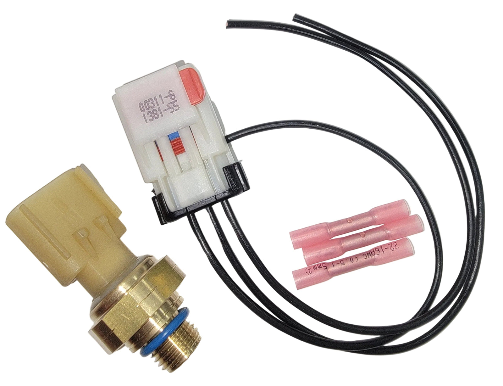 Advance Truck Parts USA 4928593 Cummins pressure sensor kit with pigtail harness and heat shrink connectors on a plain background