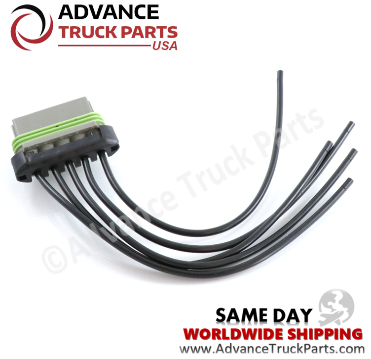 Advance Truck Parts USA 5-pin pigtail connector showing a studio overhead view of the back wire entry and housing on a branded background