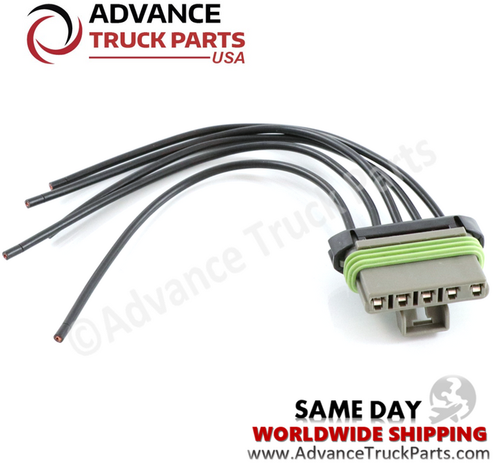 Advance Truck Parts USA 5-pin pigtail connector displaying an angled studio view of the connector face and wiring harness on a branded background