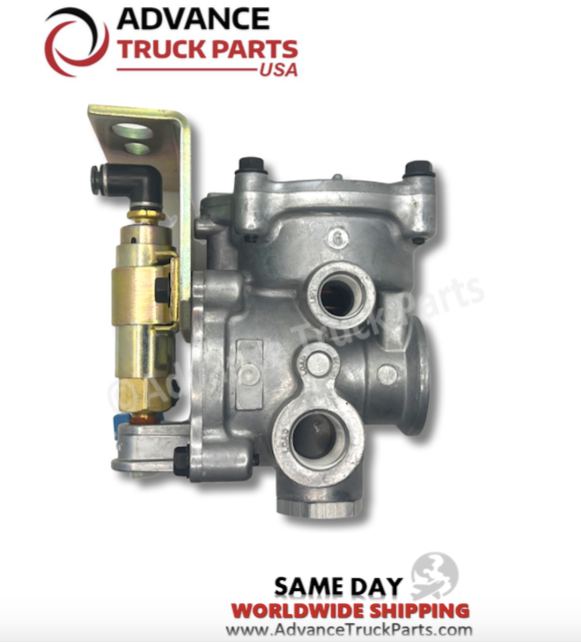 Advance Truck Parts USA 5040-211-01C lift axle valve profile view showing ports and solenoid on a branded background