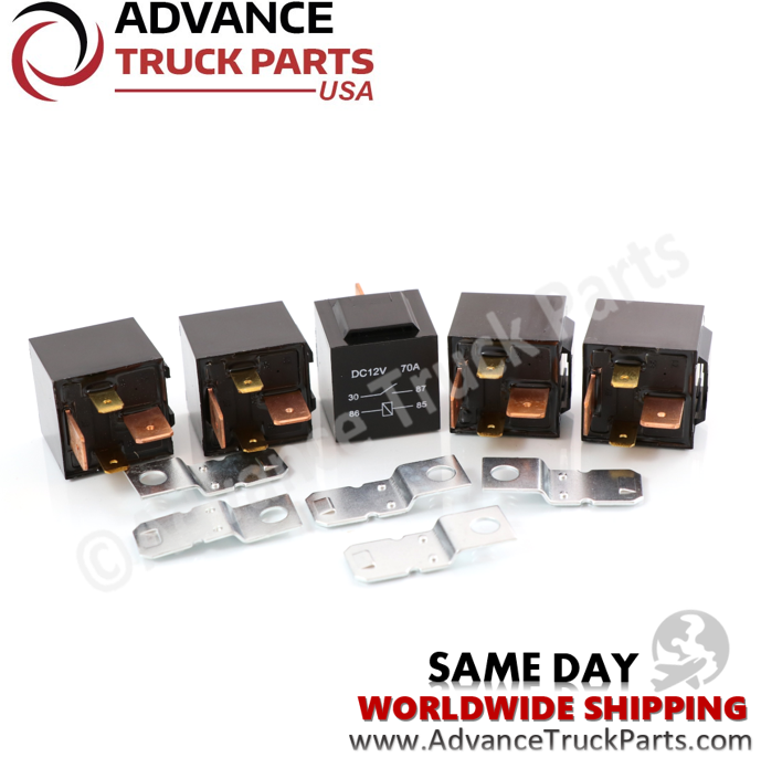 Advance Truck Parts USA 12V 70-amp heavy duty relay displaying an angled studio view of the plug-in relays and mounting hardware layout