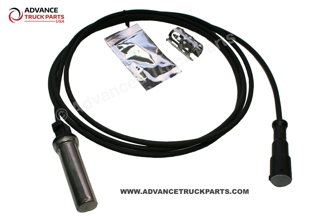 Advance Truck Parts USA straight ABS sensor kit displaying a full overhead studio perspective of the complete kit including the harness, probe, grease, and clip on a branded background