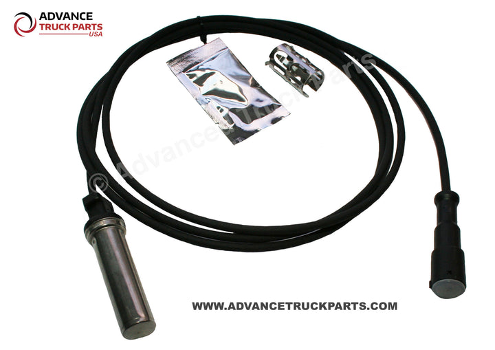 Advance Truck Parts USA straight ABS sensor kit displaying a full overhead studio perspective of the complete kit including the harness, probe, grease, and clip on a branded background
