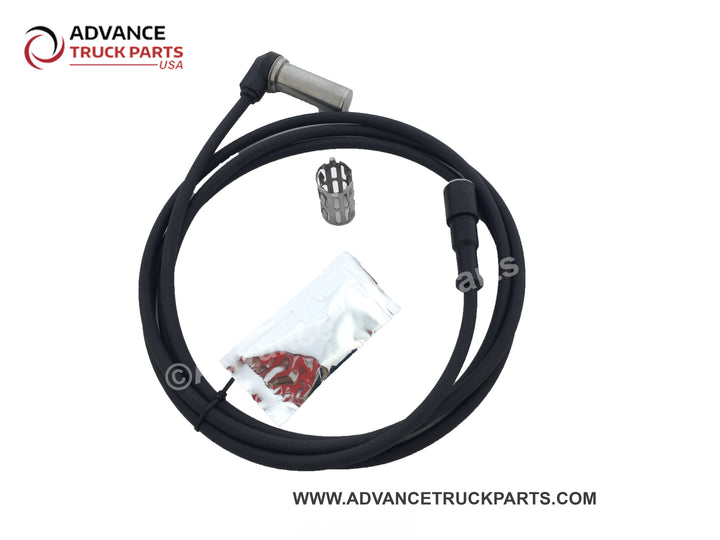 Advance Truck Parts USA right angle ABS sensor kit showing a studio angle focusing on the right-angle sensor tip and included installation accessories