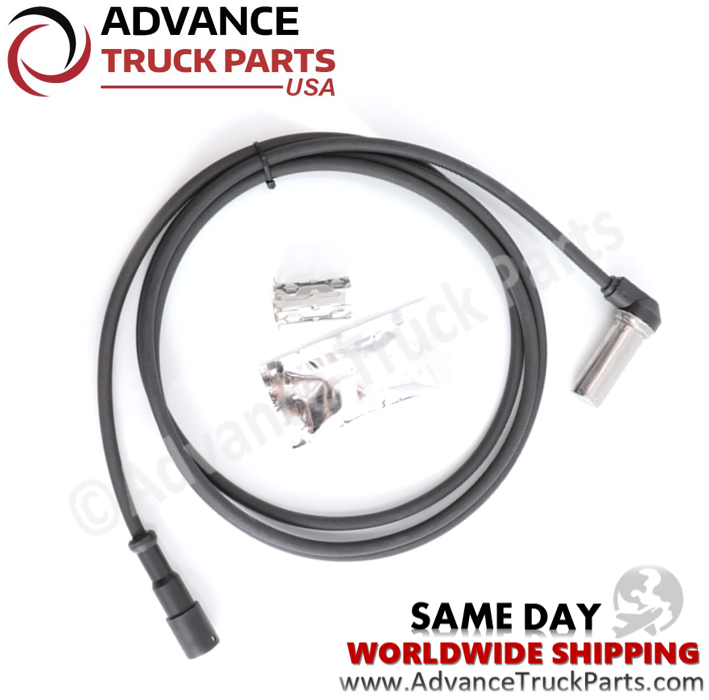 Advance Truck Parts USA right angle ABS sensor kit displaying an overhead studio view of the full harness assembly, clip, and grease packet