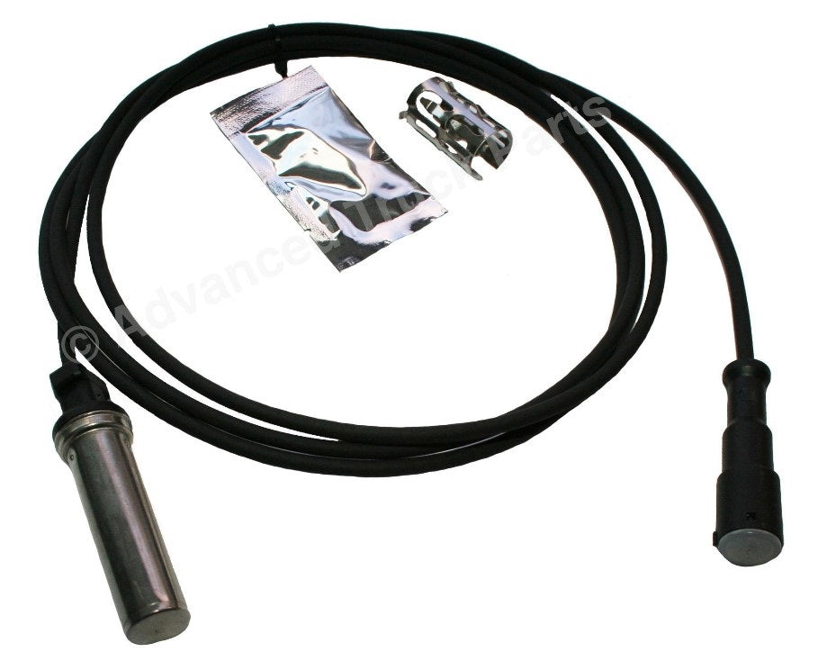 Advance Truck Parts USA straight ABS sensor kit showing a studio perspective of the metal sensor tip and connector end on a branded background